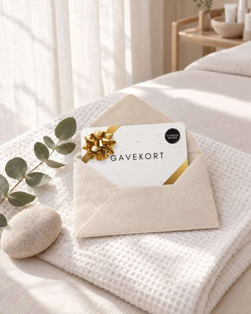 Gavekort fra Clinique Helene i konvolutt på et håndkle i behandlingsrommet